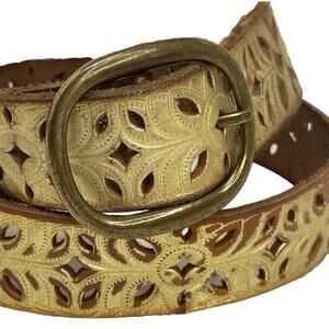 Fossil Distressed Laser Cut Tooled Gold Tone Belt Western Bling Festival Cowgirl